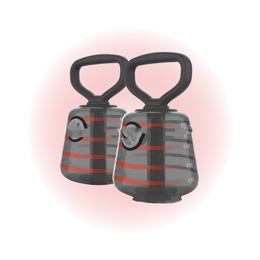 Two gray and red kettlebells on a pink gradient background
