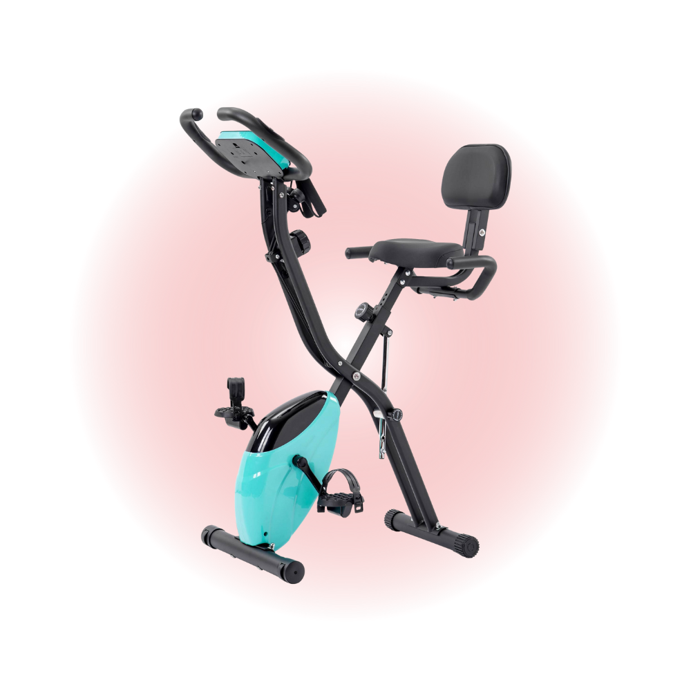Foldable exercise bike with a teal seat on a pink gradient background