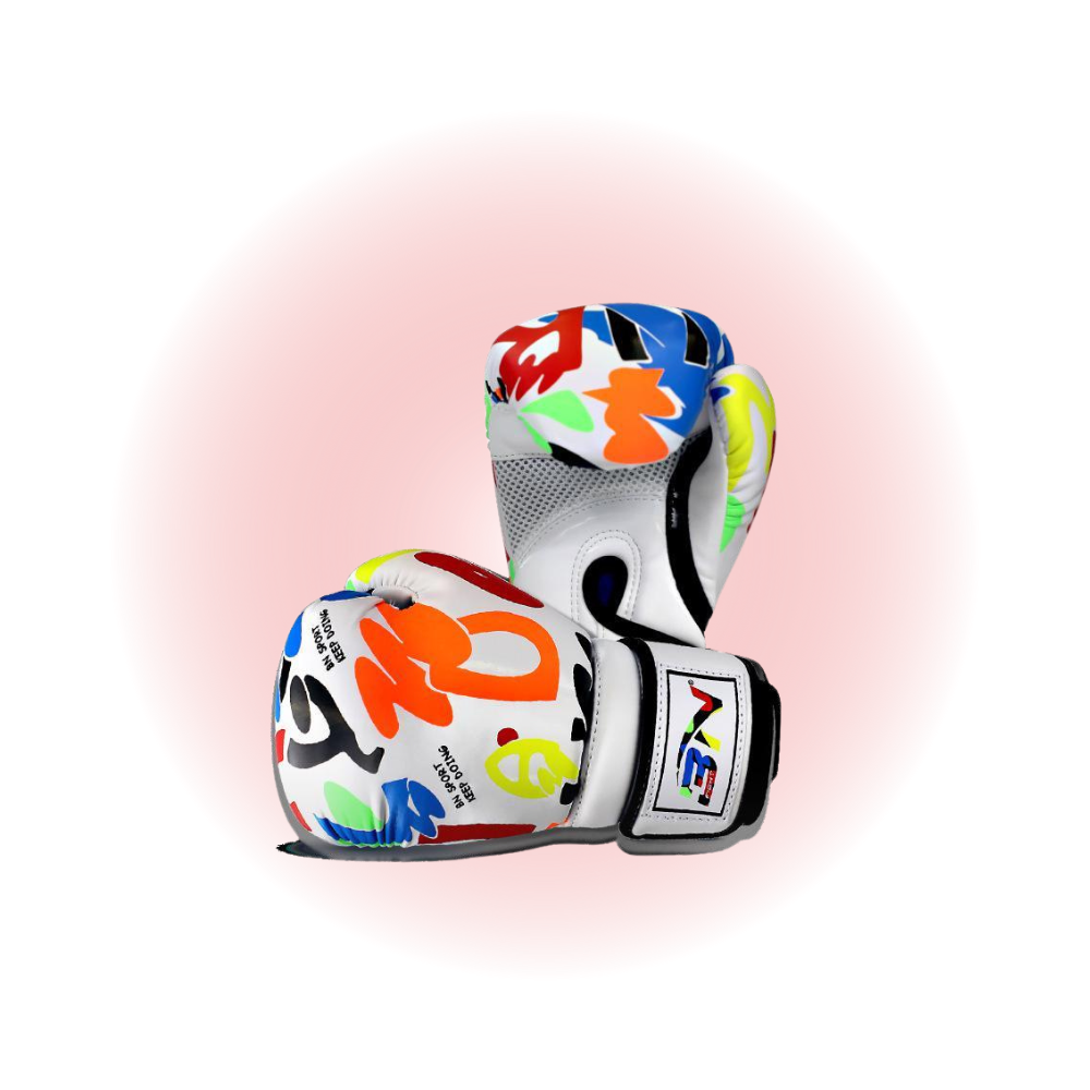 Colorful boxing gloves with a brand logo on a pink gradient background